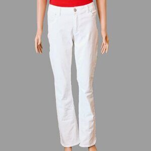 WHBM Skinny Flare White Jeans 12R Mid Rise Rhinestone Accents Silver Stitching